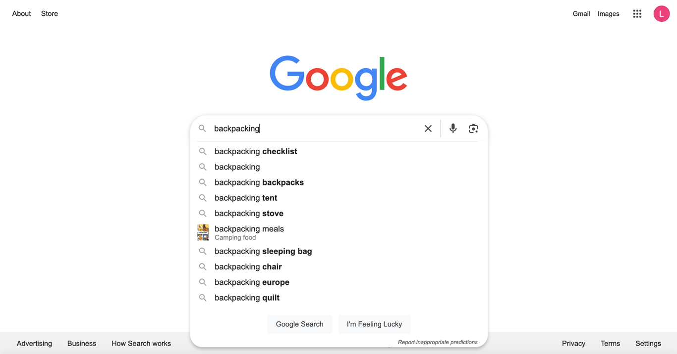 Google search predictions result for the backpacking query