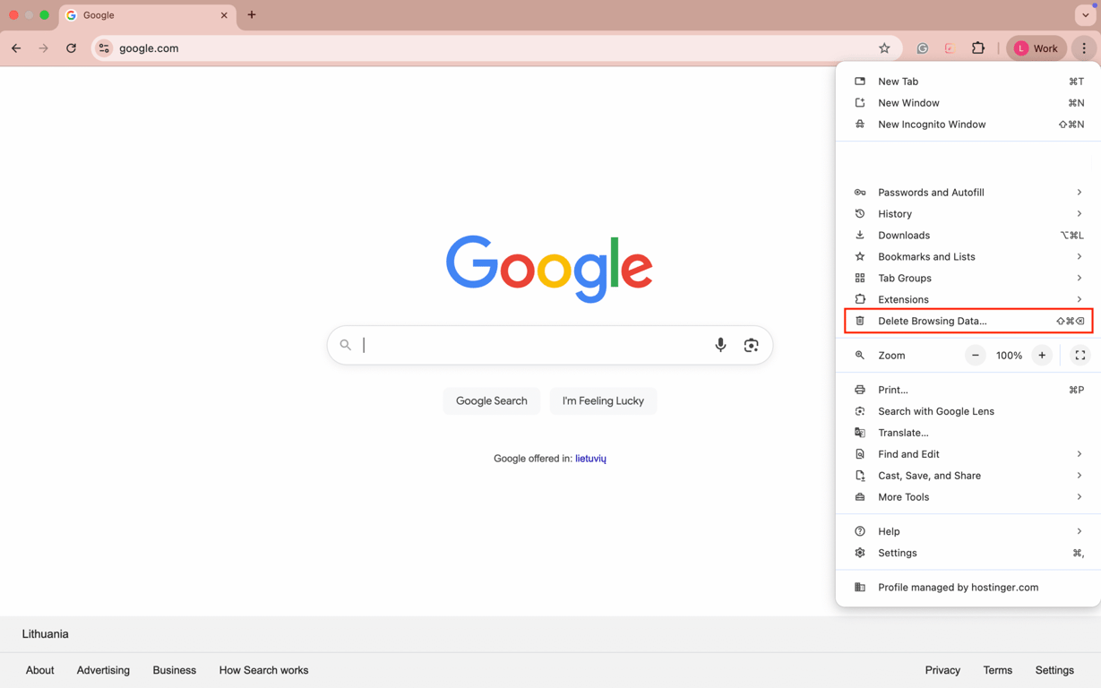Delete Browsing Data highlighted in the expanded browser settings