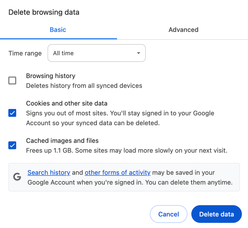 Google Chrome's Delete browsing data pop-up