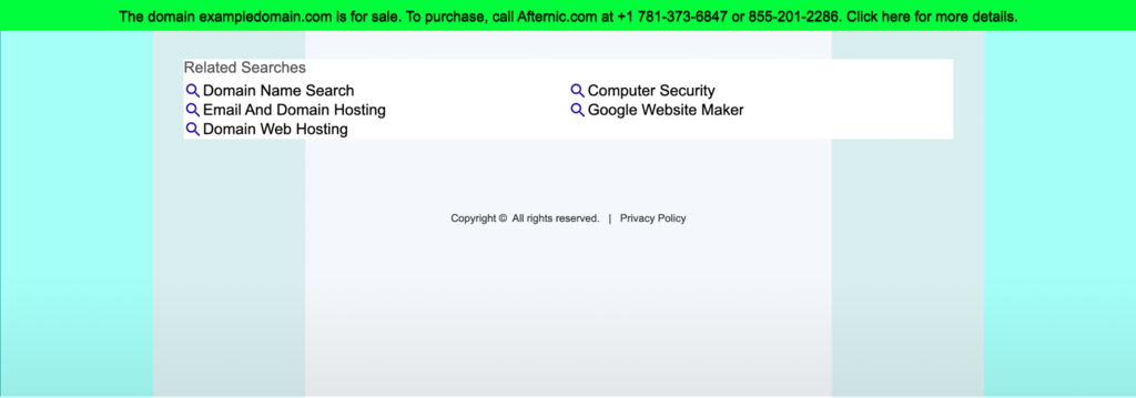 Information that exampledomain.com is for sale and the contact details to purchase it.