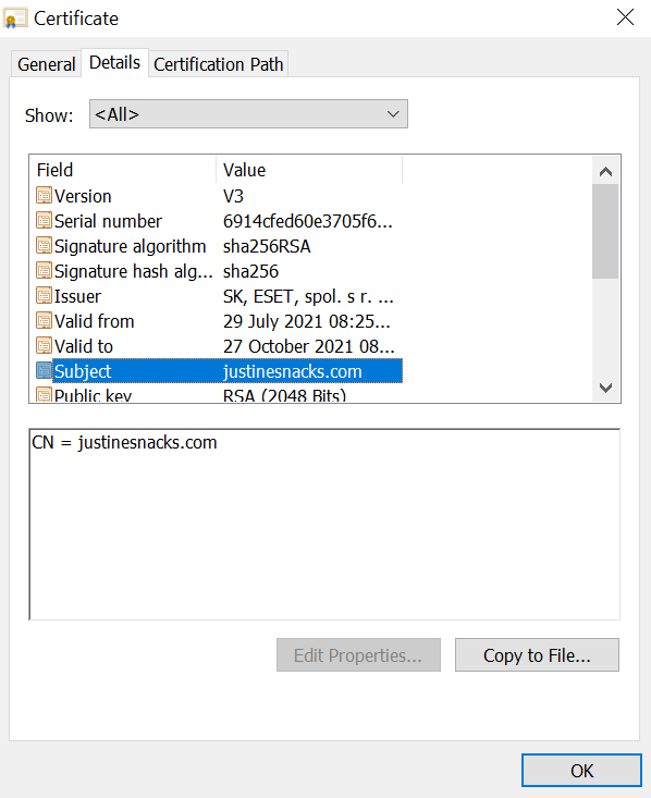 Example of a domain-validated SSL certificate on justinesnacks.com.