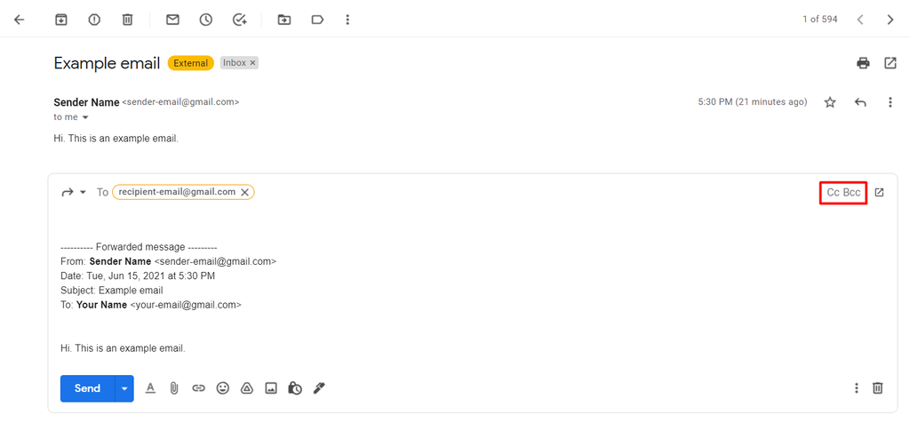 The Cc and Bcc buttons on Gmail.
