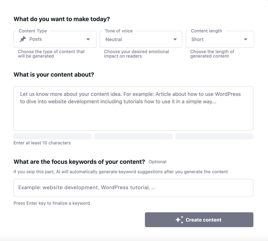 The Hostinger WordPress AI Content Creator tool interface