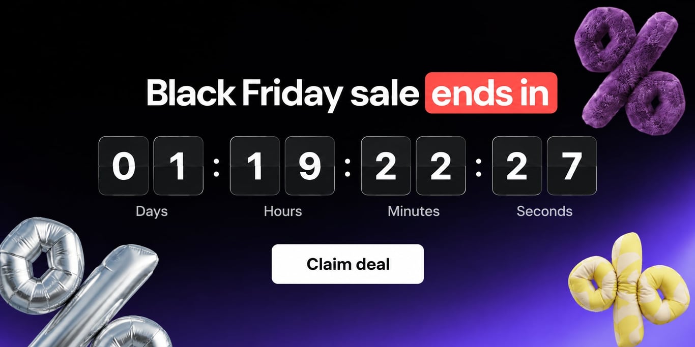 Countdown timer showing time left in a Black Friday sale, with a Shop now button