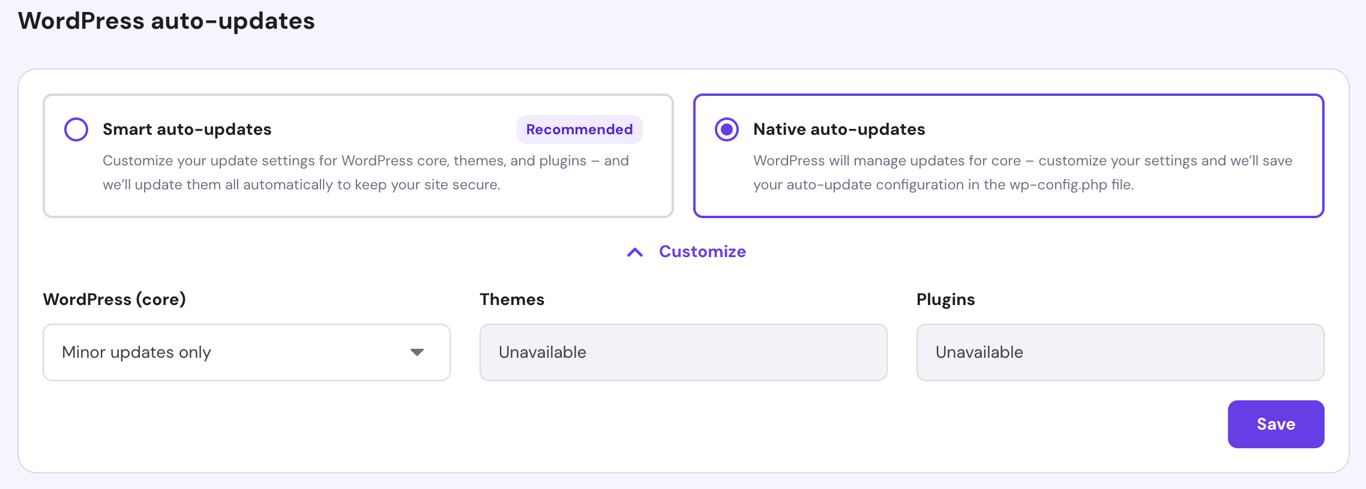 Hostinger's WordPress auto-updates feature with native auto-updates and minor updates only enabled