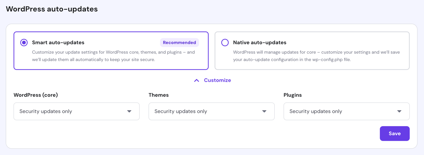 Hostinger's WordPress auto-updates feature with native auto-updates and minor updates only enabled