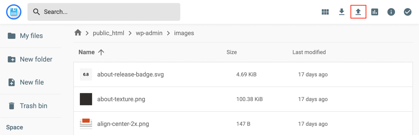 Upload button highlighted in Hostinger File Manager public_html folder