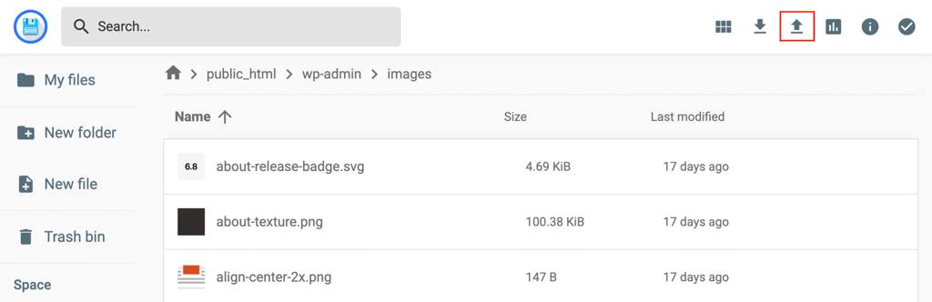 Upload button highlighted in Hostinger File Manager public_html folder