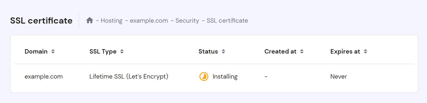 The SSL page on hPanel. New SSL is installing