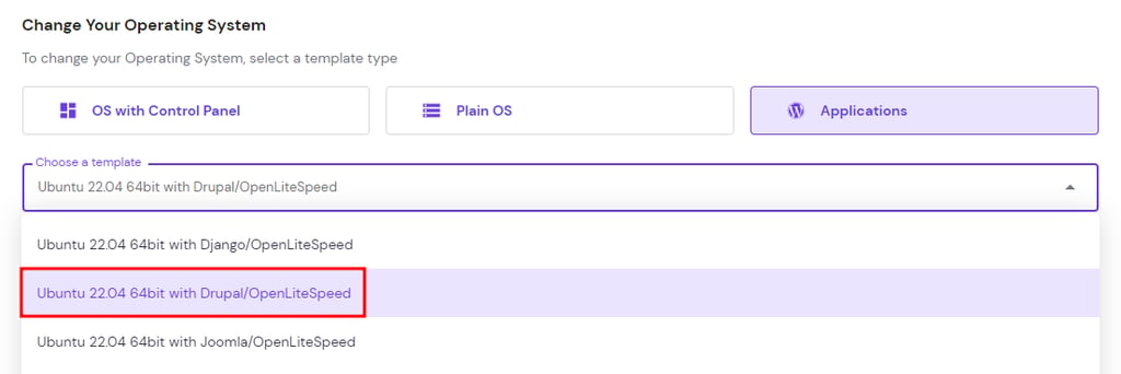 The menu for changing VPS operating system on hPanel with the Drupal template option highlighted.