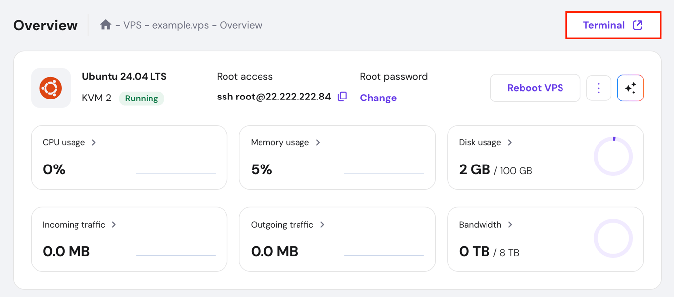 Hostinger hPanel VPS overview with browser terminal highlighted