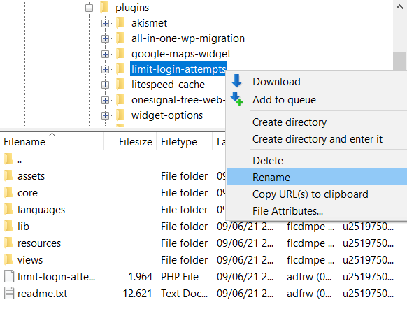 Right-clicking on the limit login attempts plugin folder and selecting rename
