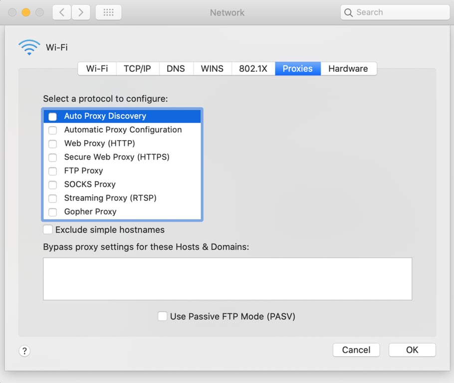 Disabling proxy discovery on macOS