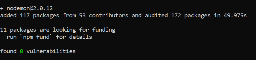 Terminal message showing nodemon was successfully installed.