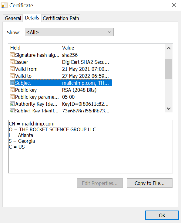 Example of an organization-validated SSL certificate on Mailchimp's website.