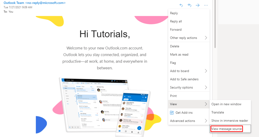 Outlook, highlighting View message source.