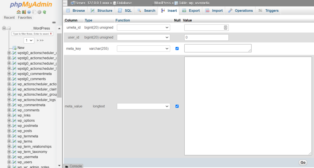 Clicking wp_usermeta in phpMyAdmin