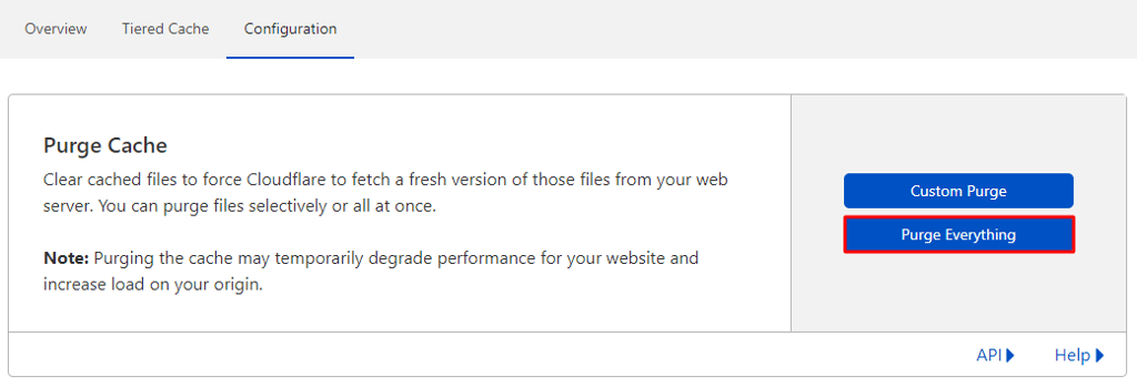 The Purge Everything button under the Purge Cache section of the Cloudflare dashboard