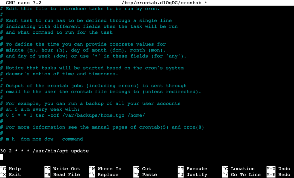 Nano editor open with a crontab file in the terminal