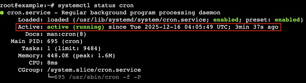 Terminal showing cron service active and running status