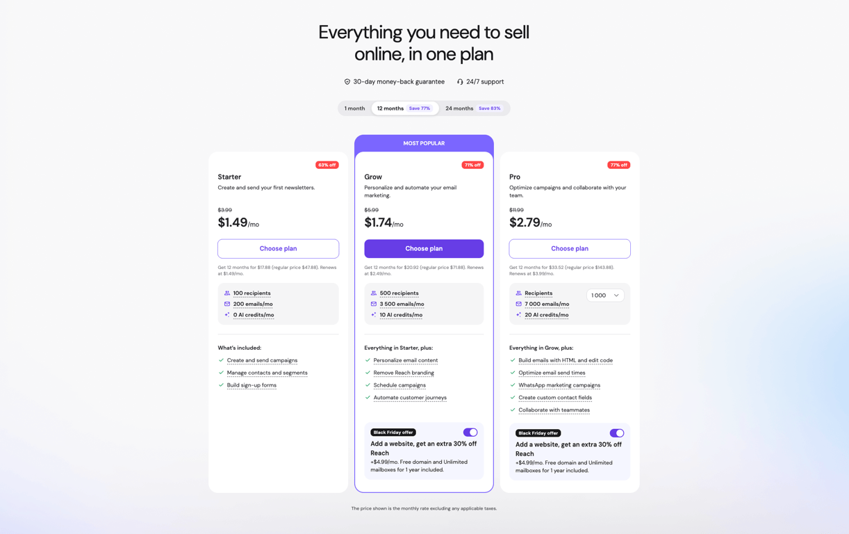 Tiered Hostinger Reach plans during the Black Friday sale