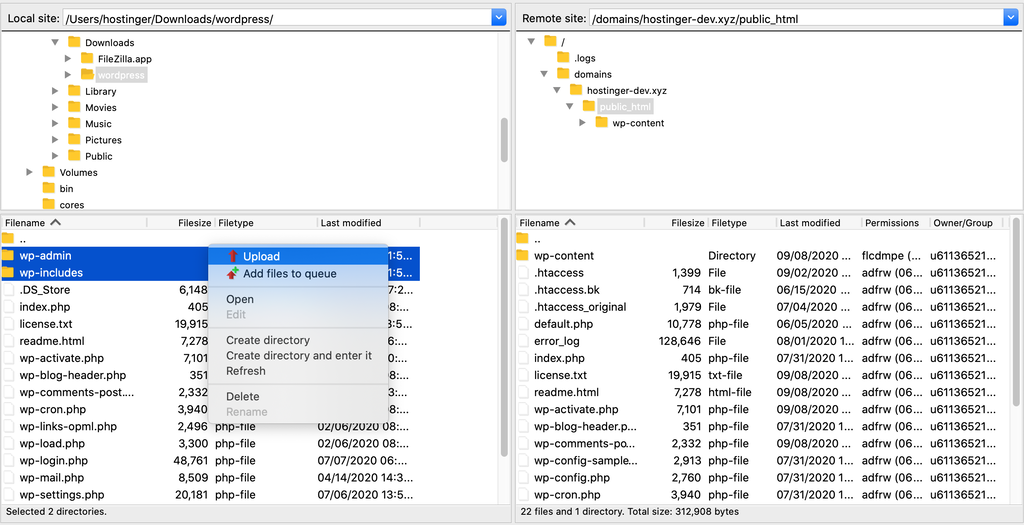 Uploading the new wp-admin and wp-includes directories