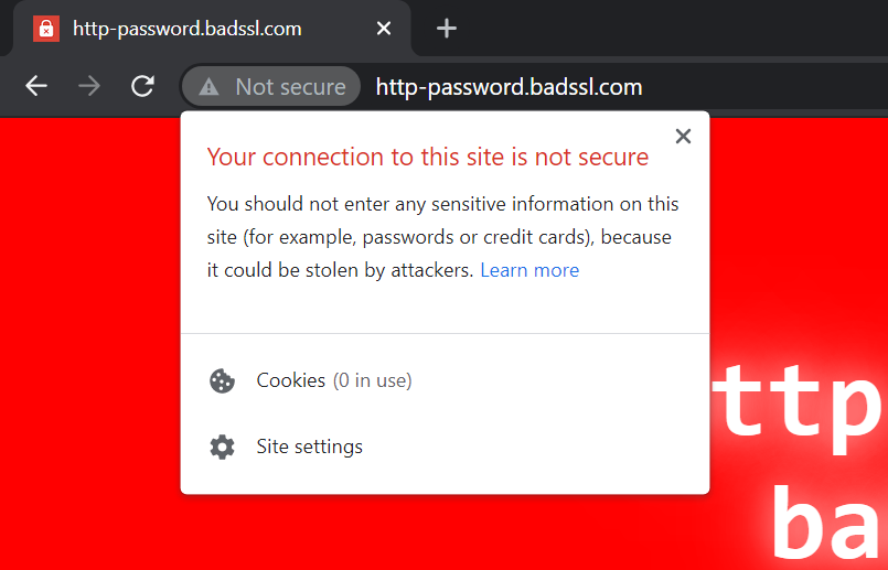 Example of a website without an SSL certificate.