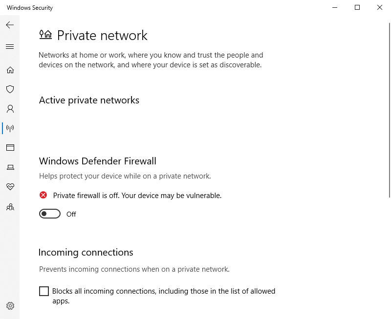 Turning off Windows Defender Firewall