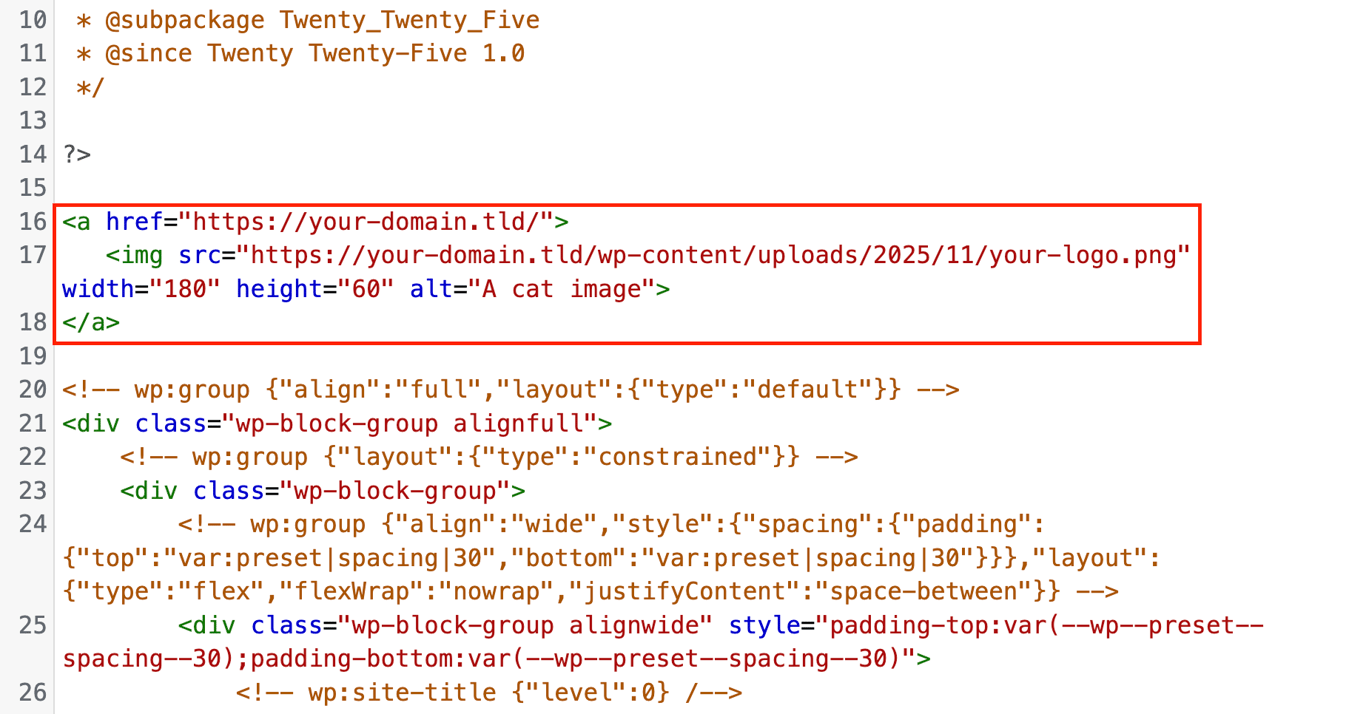 a href and img src code highlighted in the WordPress Theme Editor