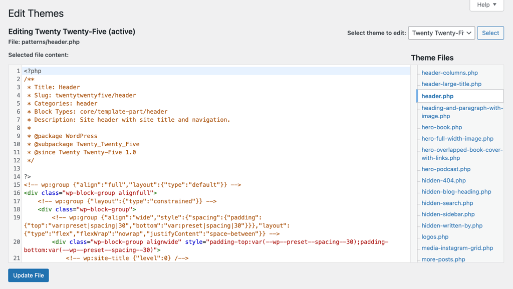 header.php selected in the WordPress Theme File Editor panel