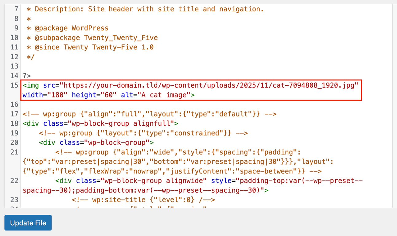 Full img tag with src, width, height, and alt highlighted in editor