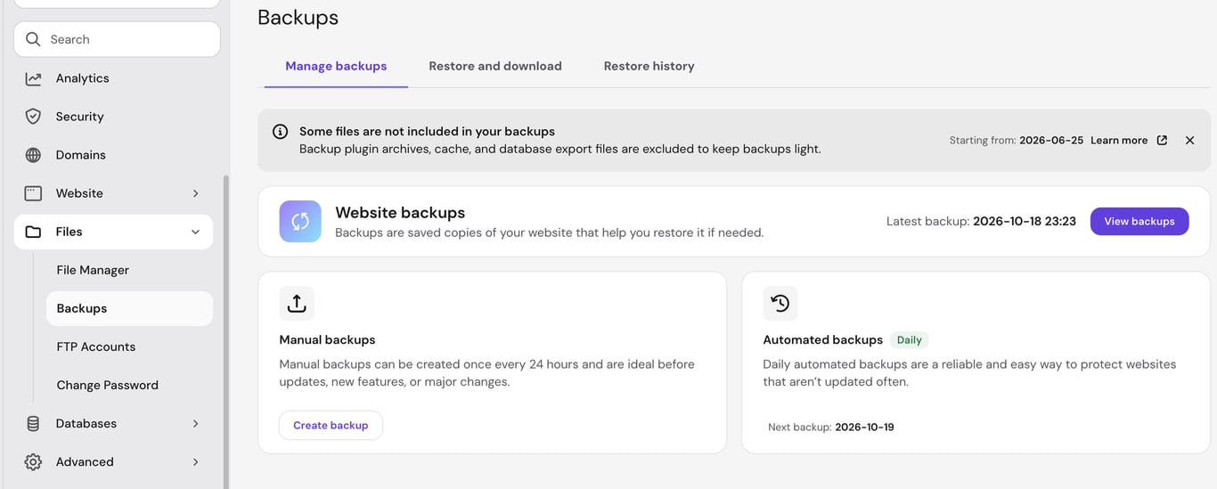 Backups UI on Hostinger dashboard
