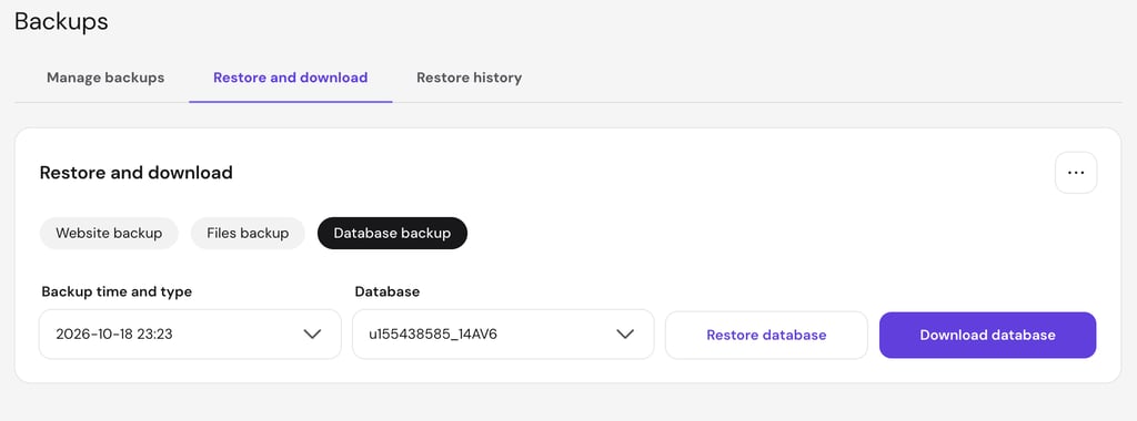 Database backup interface on Hostinger dashboard