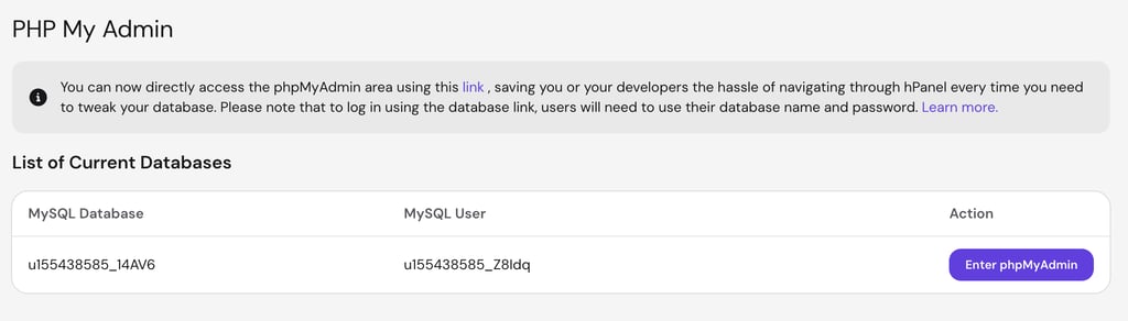 Enter phpMyAdmin button interface on Hostinger dashboard