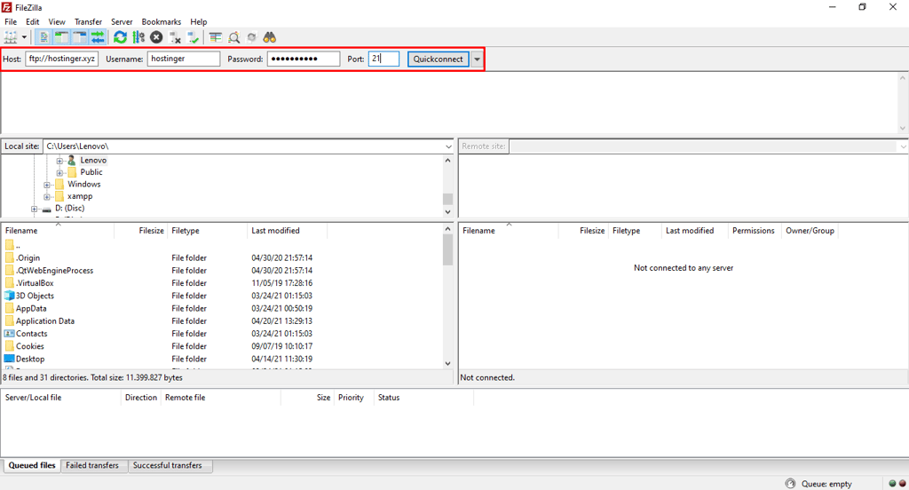 Entering FTP credentials: host, username, password, and port and clicking quickconnect.