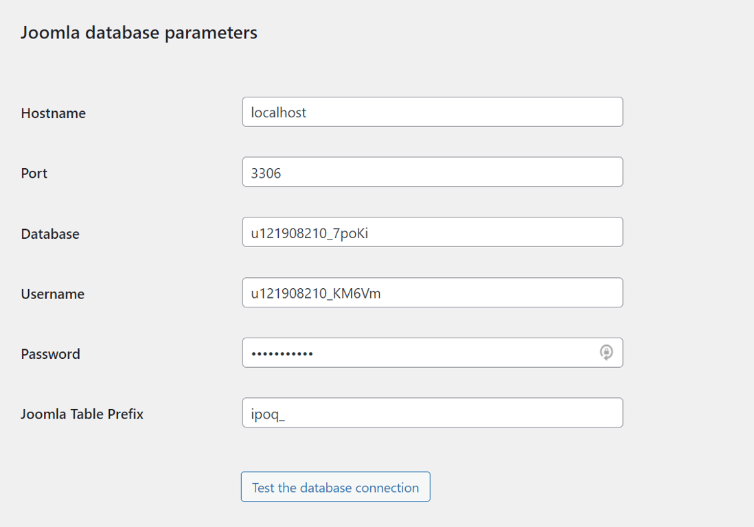 Joomla database parameters