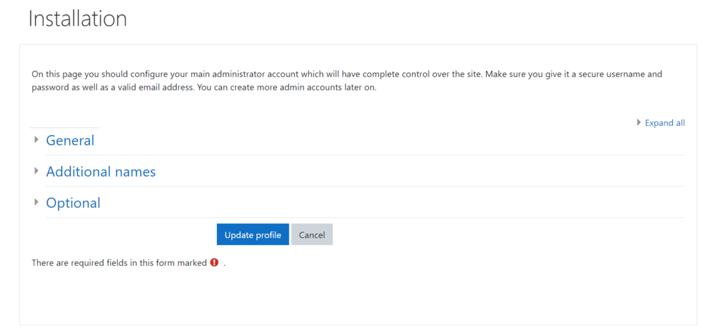 Updating profile on Moodle installation screen