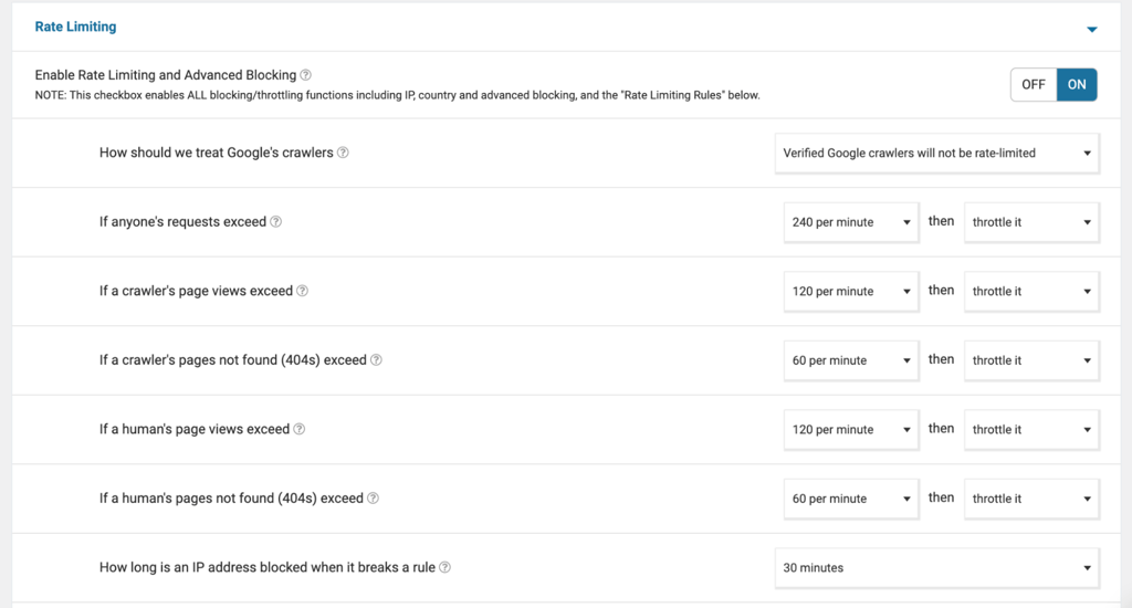 Wordfence Rate Limiting options