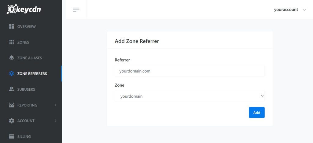 Select the zone on KeyCDN
