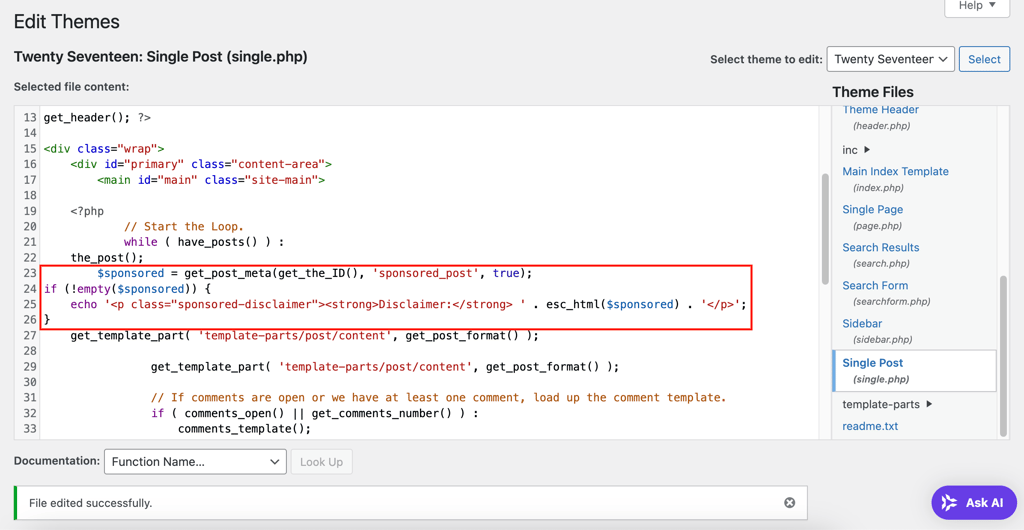 The added code lines to display WordPress custom field in the theme file