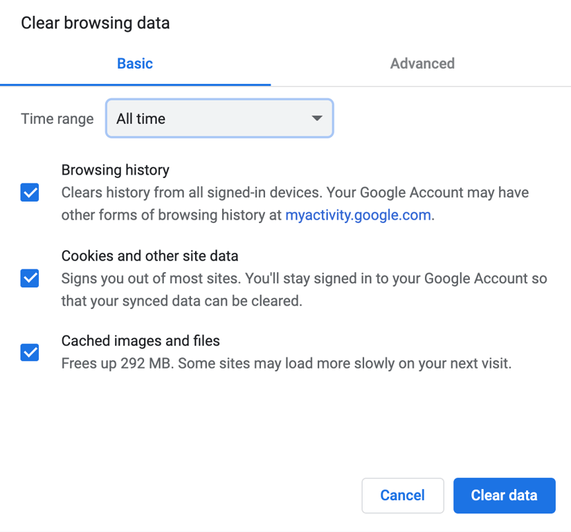 Choosing to clear browsing history, cookies and other site data, cached images and files of all time.
