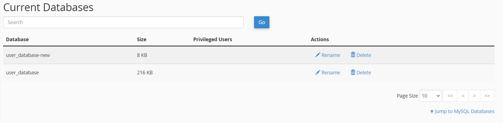 The Current Databases screen on hPanel