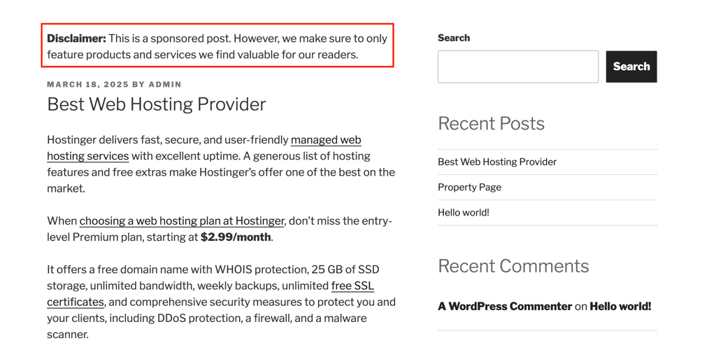 The WordPress custom field front end display in classic theme