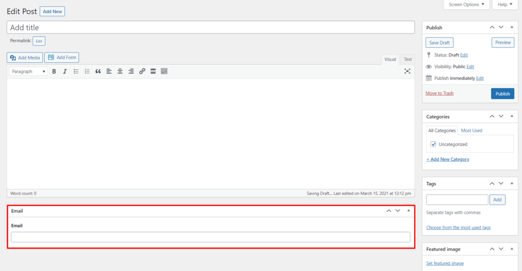 Custom field section under the text editor