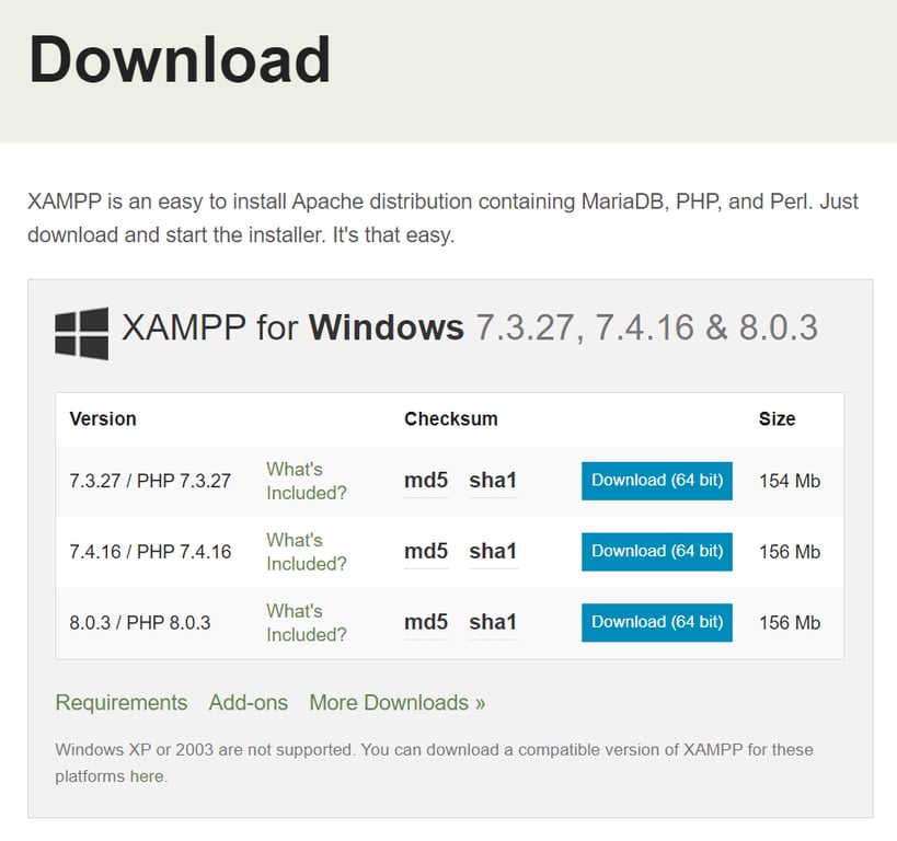 Download options of XAMPP