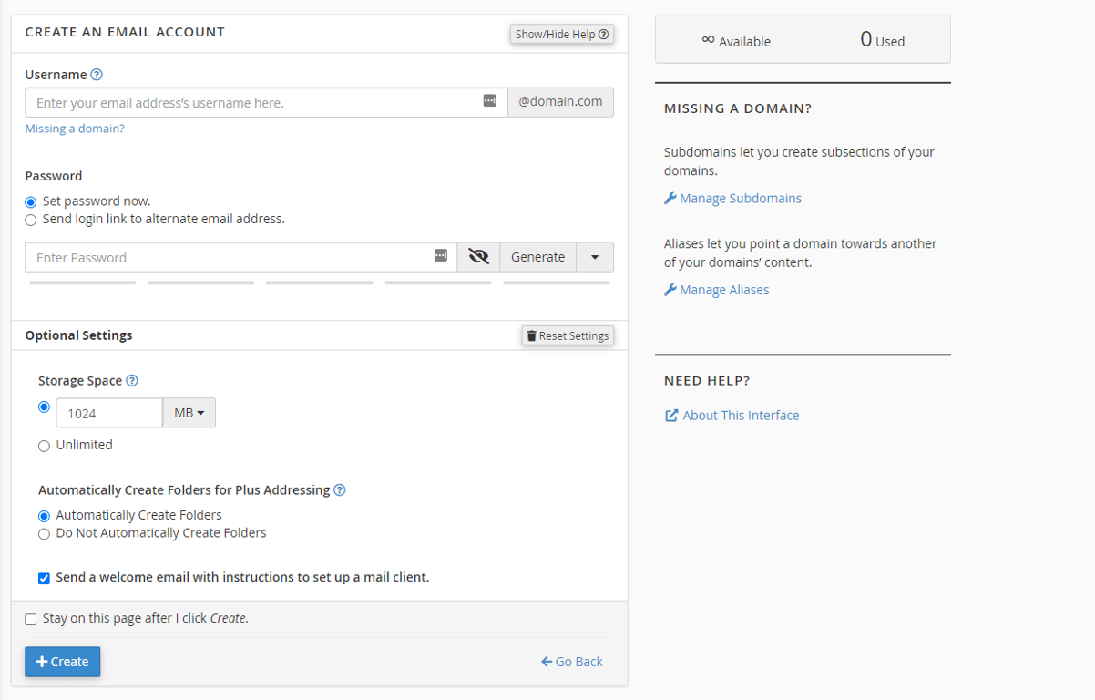 The Create an Email Account window on cPanel