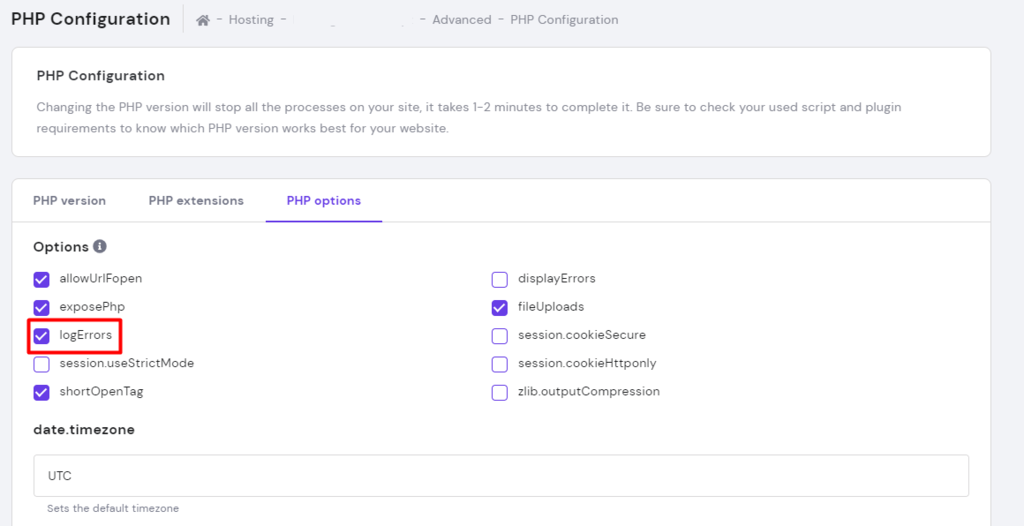 The logErrors option under the PHP options tab of hPanel