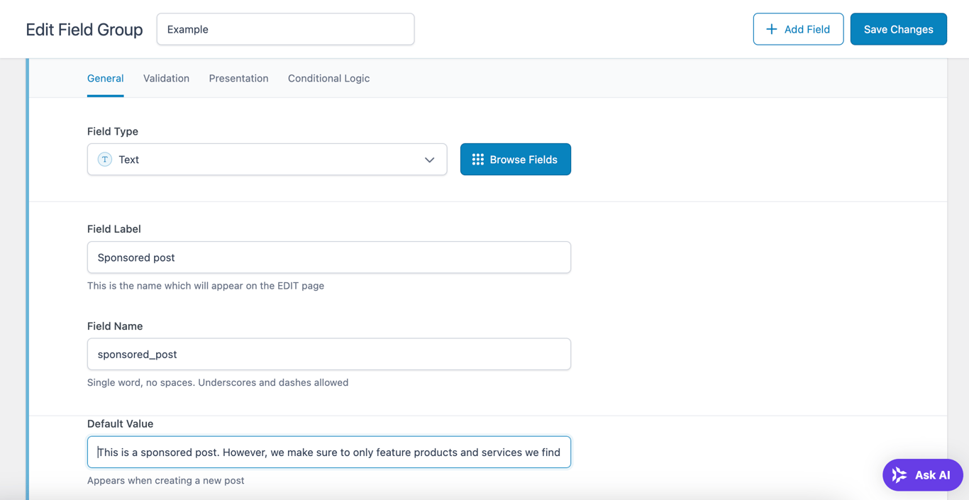 The custom field group editor interface in the SCF plugin