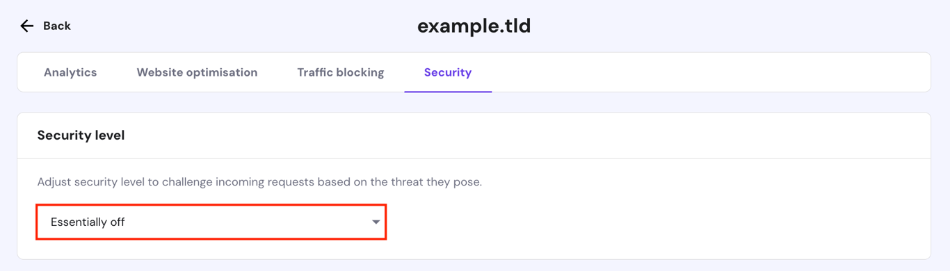 The Essentially off option under the Security tab of hPanel's CDN