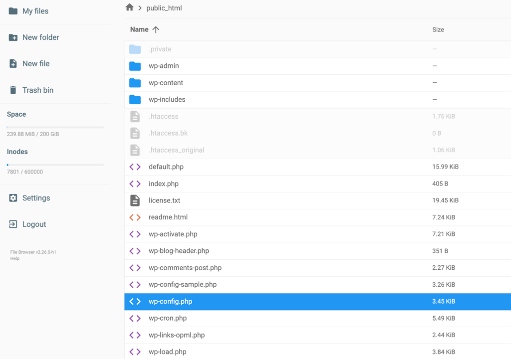 The wp-config.php file inside the public_html folder